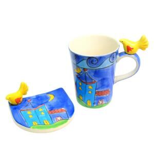 Herman Dodge & Son Coffee Mug Saucer Set Yellow Bird Tea Cup Coaster Plate Blue